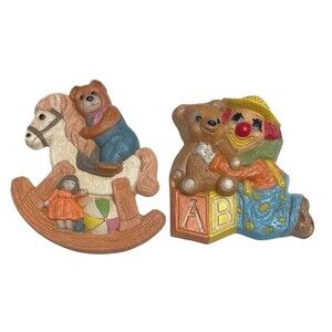 1986 Frankie's Designs Teddy Bear on Rocking Horse & Bear w/ Clown Wall Plaque